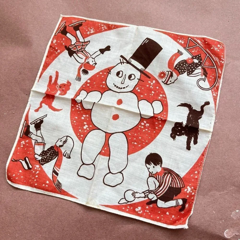 VTG 40s 50s Winter Kids Snowman Hankie 8.5” Novelty Print RARE